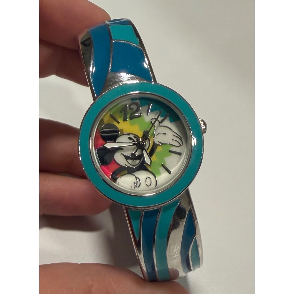 Disney Mickey Mouse Bangle Watch Teal Blue Enamel Cuff MCKAQ1502 Pop Art Dial